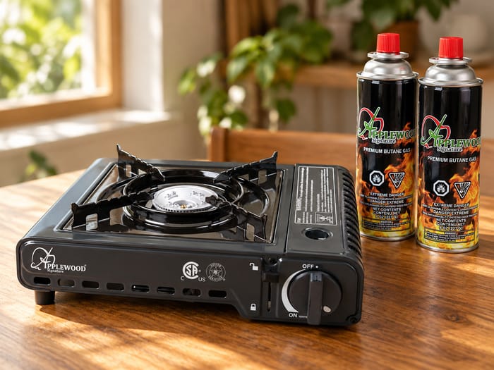 Applewood portable gas stove with butane gas canisters