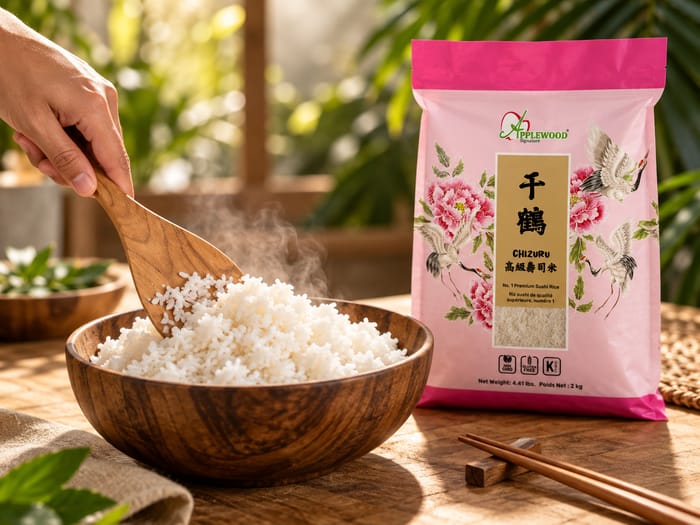 Applewood Chizuru premium sushi rice with a bowl of steamed rice