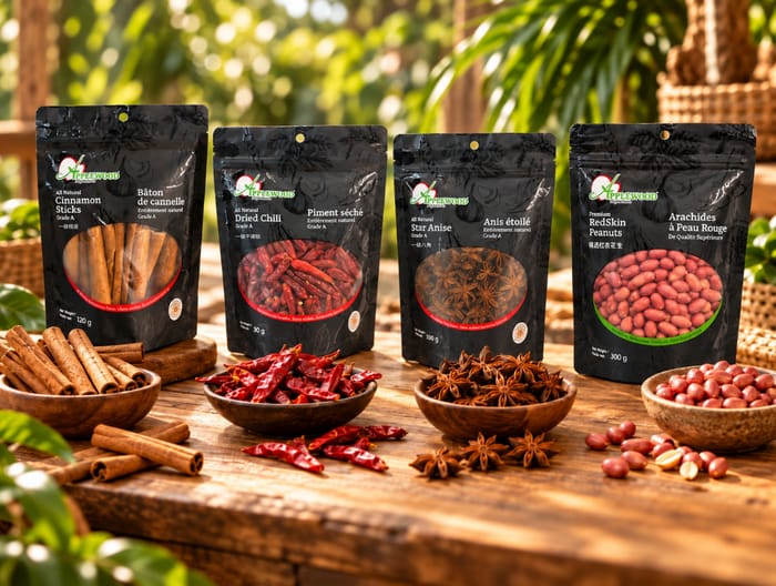 Applewood cinnamon sticks, dried chili, star anise and red-skin peanuts