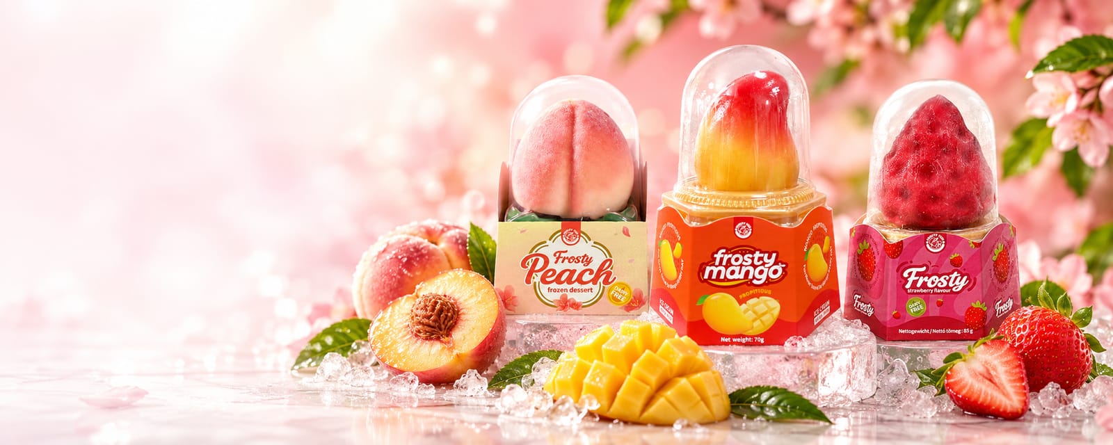 Frosty Peach, Frosty Mango and Frosty Strawberry fruit-shaped frozen desserts on ice with fresh fruit