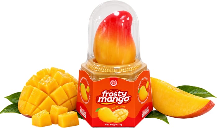 Frosty Mango fruit-shaped frozen dessert with fresh mango
