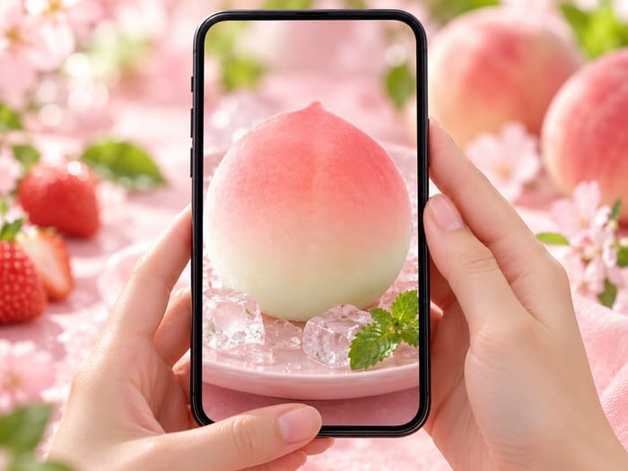 Taking a phone photo of a Frosty peach dessert