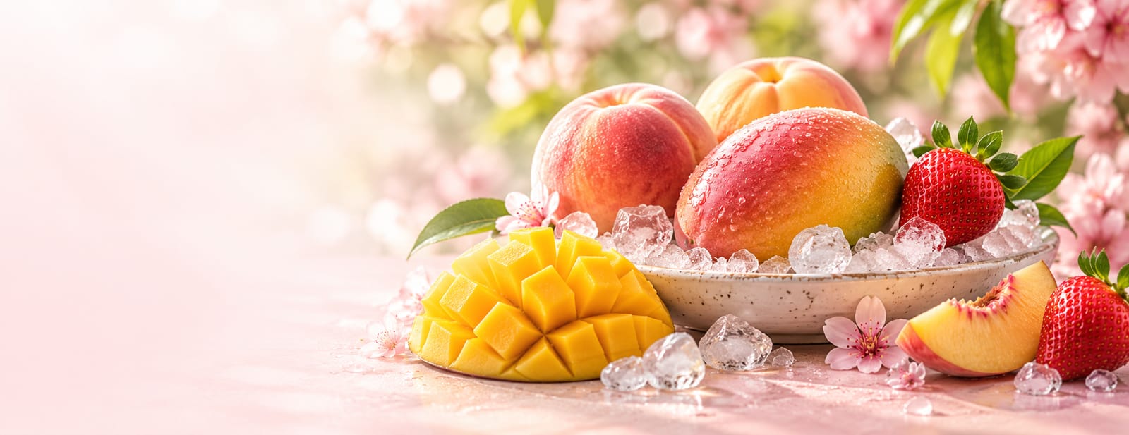 Fresh peaches, mango and strawberries in a bowl of ice