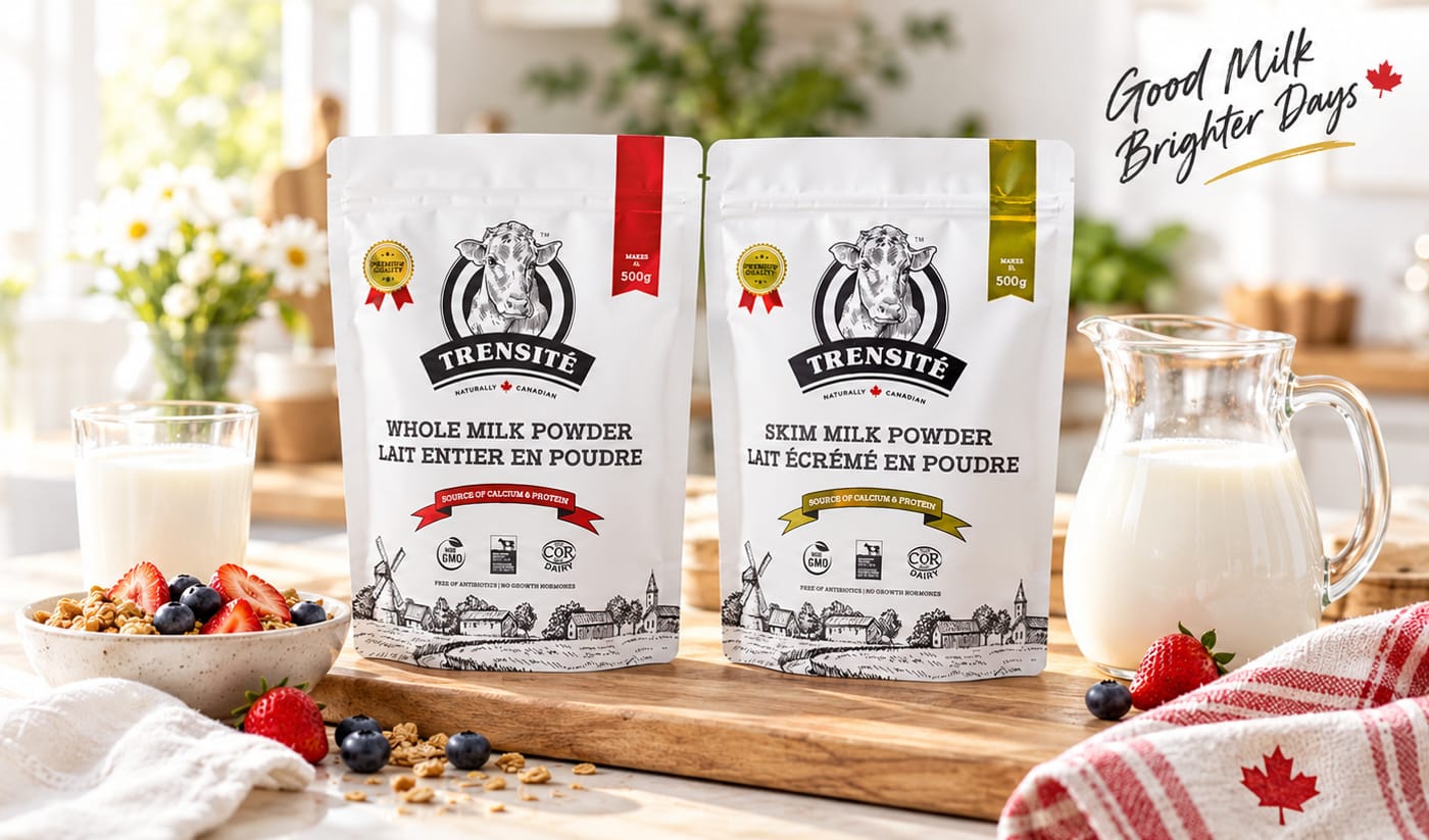 Trensité Whole Milk Powder and Skim Milk Powder pouches on a kitchen counter with milk and berries